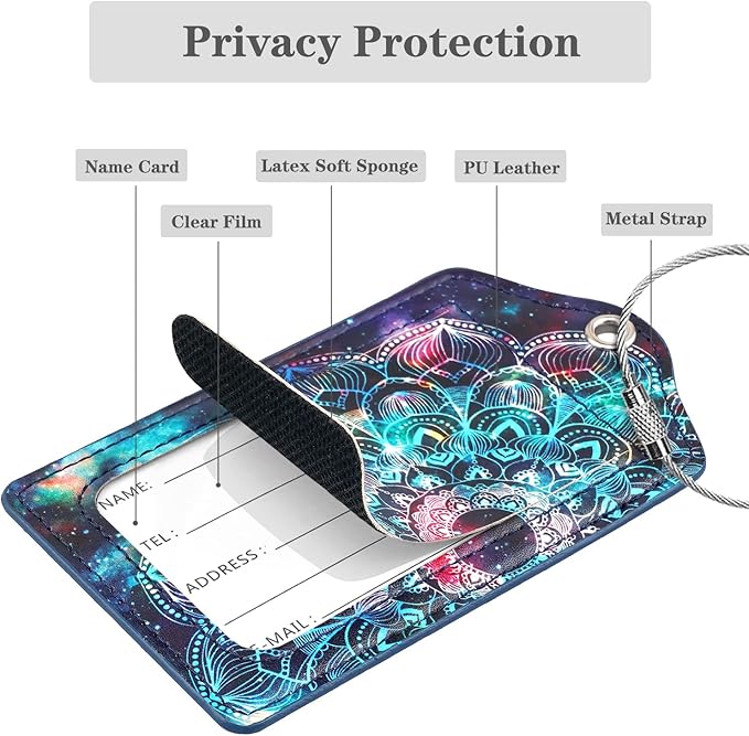 (Set of 2) Luggage Tag Leather Privacy Cover ID Label Address Card with Stainless Steel Loop, Travel Bag Tags Suitcase Labels, Mandala