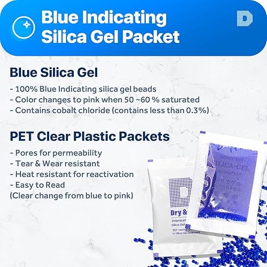 Dry & Dry 5 Gram [52 Packets] Blue Indicating(Blue to Pink) Silica Gel Packets Desiccant Moisture Absorbers - Rechargeable Silica Packets, Silica Gel, Silica Gel Packs