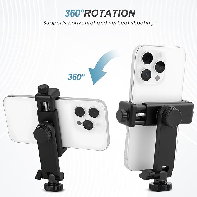 Universal Cell Phone Tripod Mount Adapter, Camera Hot Shoe Phone Holder Clamp with 360 Rotation Bracket 1/4" Screw Hole for Canon Nikon Sony DSLR iPhone Android