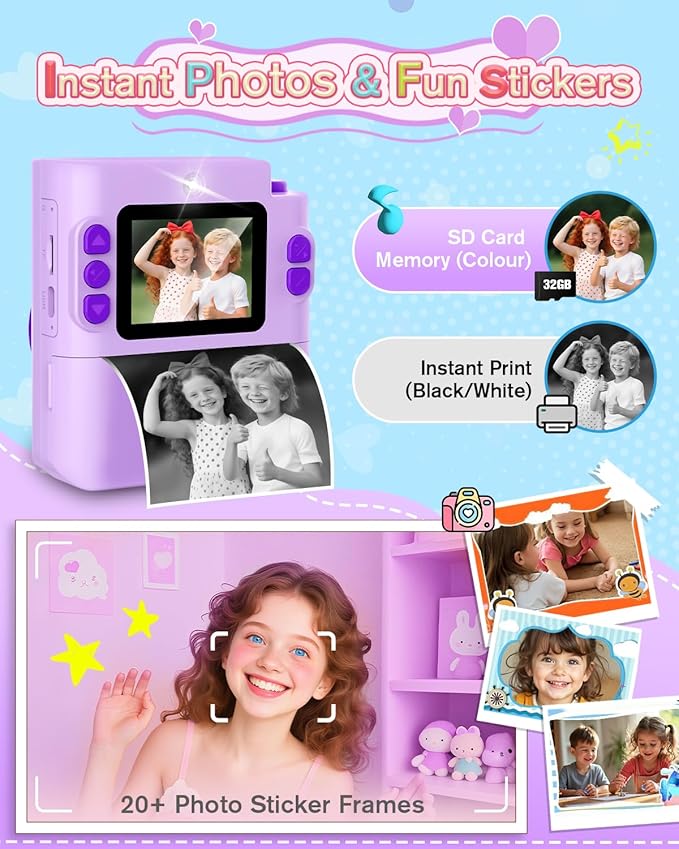 Kids Instant Print Camera - 1080P HD Toddler Digital Camera for 3 4 5 6 7 8 9 10 Year Old Girls Boys, Christmas Birthday Gift with 32GB SD Card, Selfie Mode, Portable Travel Toy, Fun Filters- Purple