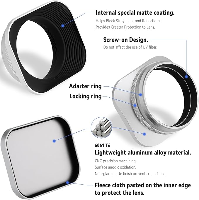 Haoge LH-EW3 Square Metal Lens Hood with 49mm Adapter Ring with Cap for Fujifilm Fuji FinePix X100 X100S X100T X100F X70 X100V Camera Replaces Fujifilm LH-X100 AR-X100 LH-X70 Silver