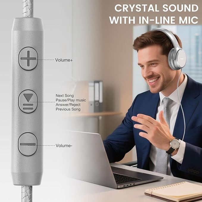 USB C Wired Over-Ear Headphones with Microphone, Volume Control, Share Port, and Adjustable Headband Foldable Stereo Headset for iPhone 16, Samsung, Laptop, Gaming, Travel