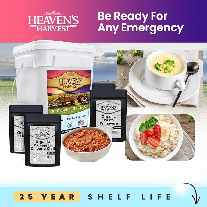 Heaven’s Harvest 25-Year Organic Family Food Kit — Emergency Food Supply. Freeze Dried Survival Food Kit + Water-Proof 25-Year Storage Bucket. MRE Meals, Non-Perishable Camping Food (62 Servings)