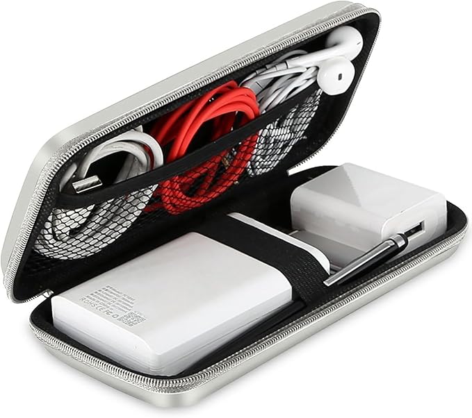 iMangoo Travel Essentials Electronics Organizer Charger Case Portable Dual Zipper Shockproof Pouch Tech Purse Cord Cable Pouches Power Bank Storage Accessories Bag for Women Men,6.5x3.2x1 Silver