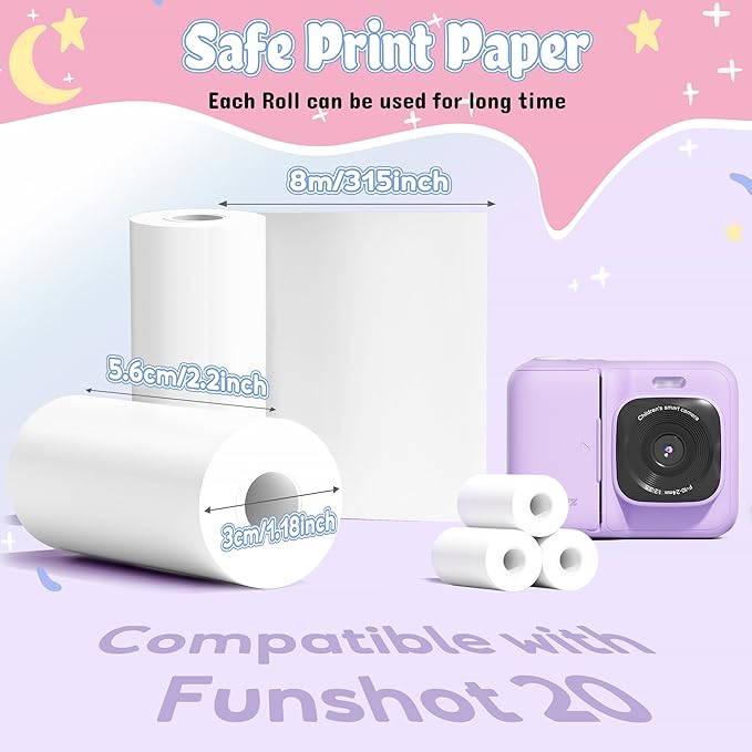 Kids Instant Print Camera Paper, Thermal Printing Refill Set for Toddler Camera, Compatible with ETIKEZ Funshot 20, HD Camera Thermal Printing Paper, 2.2" x 26ft (5.6cmx8m) Per Roll, 5 Rolls
