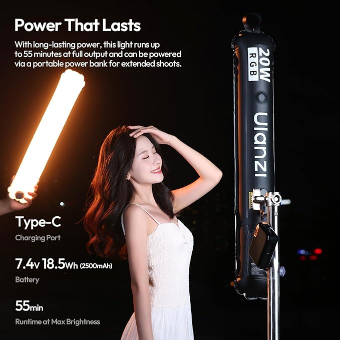 Ulanzi UA20C RGB Tube Light, 20W Inflatable LED Fill Light for Video Recording & Photo Photography, 1800K–10000K CRI95 2500mAh Cordless Magnetic Portable Handheld TPU Video Lighting Wand w 1/4 Mount