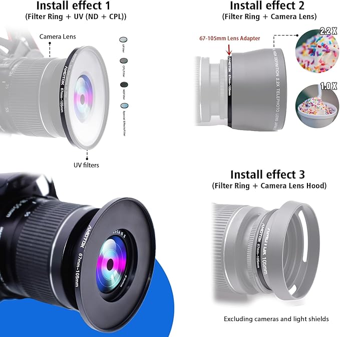 67mm Lens to 105mm Camera Lens Adapter,67mm-105mm Filter Step up Rings,Compatible All 105mm Filter Accessory.Made from CNC Machined