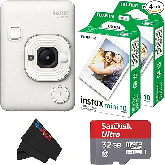 Fujifilm Mini LiPlay Hybrid Instant Camera with Mini Film, 32GB microSD Card, Charging Cable, Hand Strap and Pixibytes Microfiber Cleaning Cloth...(Misty White + 20 Sheets)