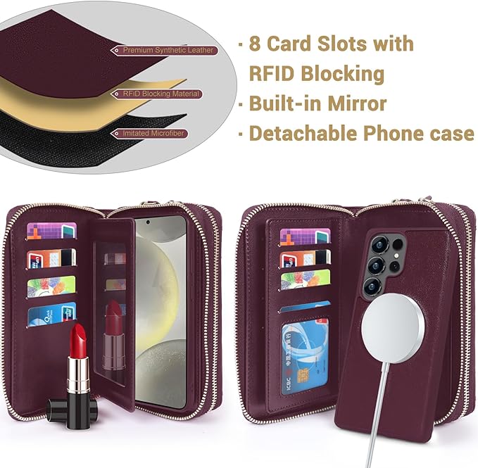 Harryshell Compatible with Samsung Galaxy S25 Ultra Case Wallet Multi Zipper Detachable Removable Cover Purse with Card Slots Holder Mirror Crossbody Strap (Compatible with Magsafe-Burgundy)