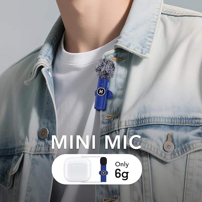 USB C Mini Wireless Lavalier Microphone for iPhone 15 16, iOS and Android Devices - Noise Reduction Lapel Mic for Recording, Clip Omni Lav Mic for Video Recording, Tiktok, Youtube, Vlog (Blue)