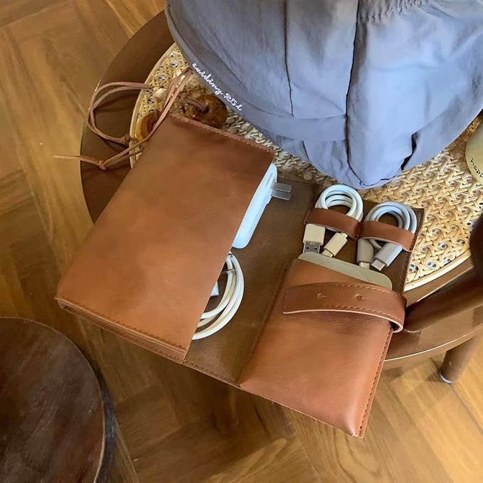 Vintage leather Electronic organizer travel case,cord organizer travel, Leather charger shortage for essentials mouse, adapter, cables (brown with elastic band)