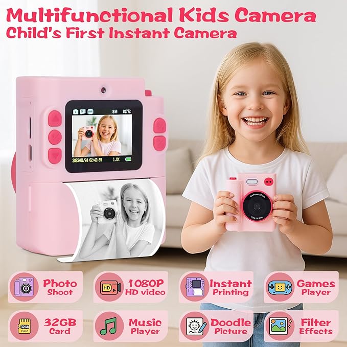 Kids Camera Instant Print, 1080P HD Dual-Lens Selfie Digital Camera with 5 Printing Paper Rolls & 32G TF Card, for Children, Portable Toddler Toy for Age 3-12 Boys & Girls (Pink)