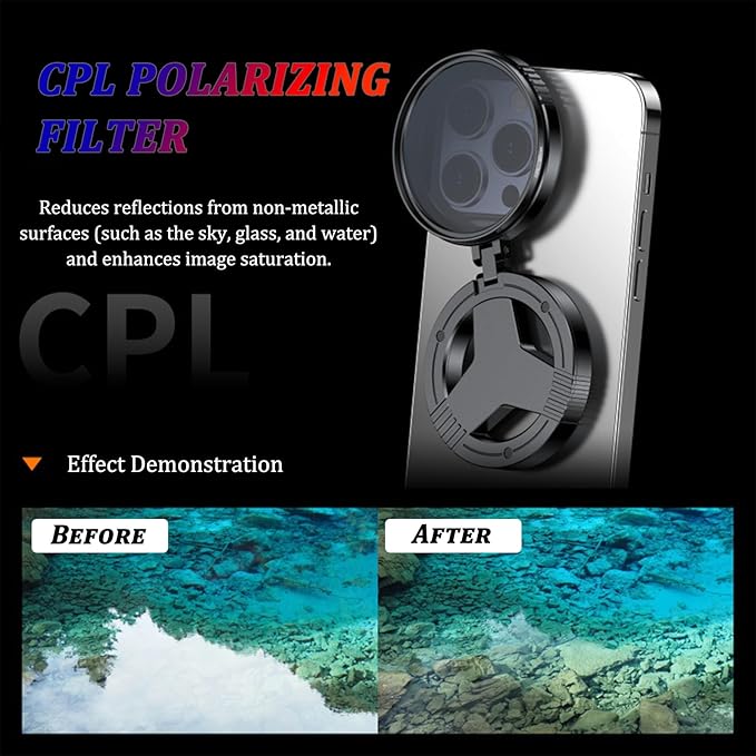 Magnetic CPL Filter for Phone, 52mm Polarizing Lens with Quick Magnetic Mount, Anti-Glare Filter Reduces Reflections, Compatible with iPhone 12-16, for Outdoor Photography Travel Creators