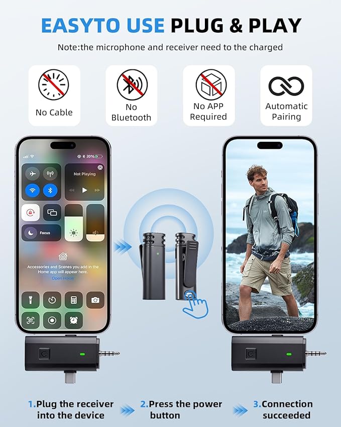 3-in-1 Mini Microphones: Wireless Lavalier Microphone with AI Noise Reduction for iPhone 15/14/13/12, Android, Cameras 12H Battery, Plug and Play Wireless Microphones for Vlog/YouTube/TikTok/Live