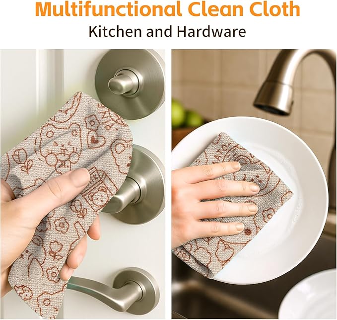 Microfiber Cleaning Cloth Roll, 50-Count, Reusable Durable Washable Absorbent Towels, Lint-Free Non-Scratch Dish Rags for Kitchen & Housekeeping, Car & Screen, Brown Cute Bear Print, 12x12 in