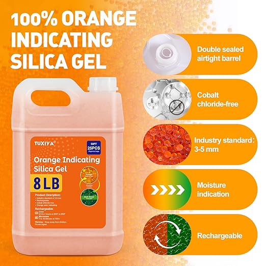 8 LBS Orange Indicating Silica Gel Desiccant Beads,(Industry Standard 3-5 mm) Rechargeable Silica Gel Beads for 3D Filament, Electronic Devices, Camera, Jewelry, Safe(25PCS Organza Bag)