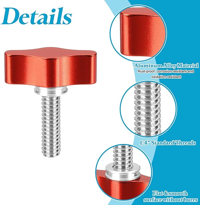 PATIKIL Clamping Screw Knob 1/4" x 1.38", 2Pcs Stainless Steel t Shaped Camera Thumb Screws for DSLR Flash Bracket Photography Light Stand Adapter Action Sports Camera Mounting System, Red