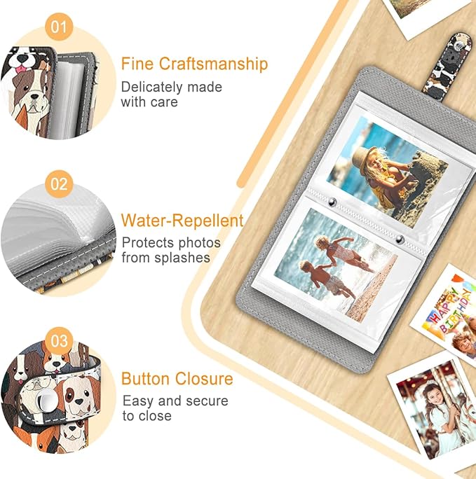 Lebrocoli Dogs Small Photos Album for 2x3 Inch Films, 56 Pockets Mini Cute Albums Book for Polaroid Fujifilm Instax Mini Instant Camera Printer, Kpop Photocard Pictures Binders Holders Storage