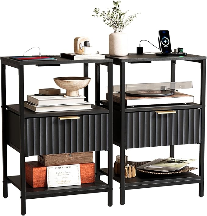 Bonnlo Fluted Nightstand Set of 2, End Table with Fabric Drawer with Charging Station, Night Stand with Storage Shelf & Handle, Fluted Side Table for Bedroom/Living Room,Black