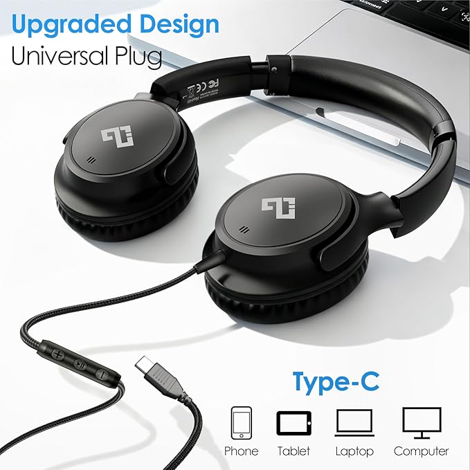 USB C Headphones Wired Headphones Over Ear with HD Mic, Corded Headphones/Lightweight/Foldable/Adjustable for iPad/Sports/School/Travel/iPhone 17/16/15, Samsung S25/S24, Google Pixel 9, Ideal Gifts