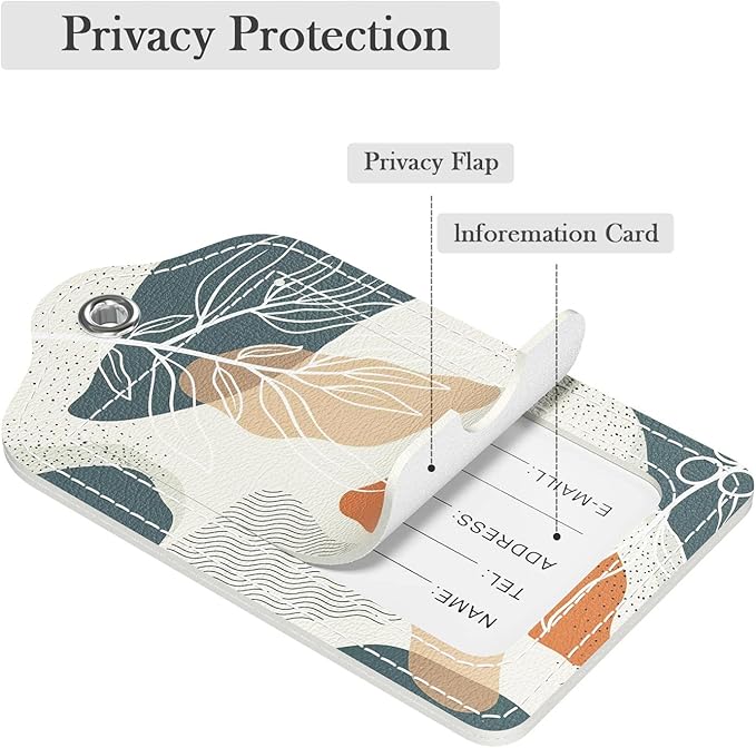 Luggage Tags for Suitcase, 2 Pack PU Leather Travel Cruise Luggage Tag with Privacy Flap, Name ID Label and Metal Loop for Women Men Suitcase Baggage Bag Backpack Instrument, Boho Leaves