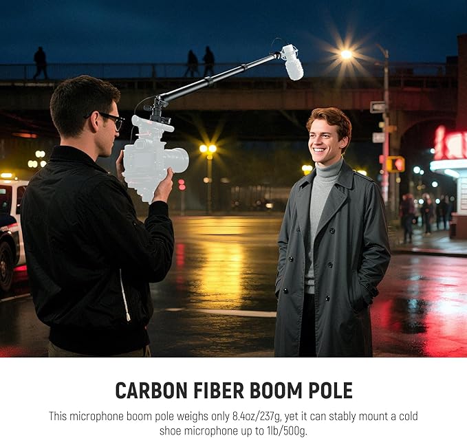 NEEWER Carbon Fiber Microphone Boom Pole, 44-92cm Extendable, Built In 3.5mm TRS Male to Female Cable, NATO Nail, Cold Shoe Mount, 180° Tilt, 500g Max Load Mic Arm for Interviews, Filmmaking, BP01
