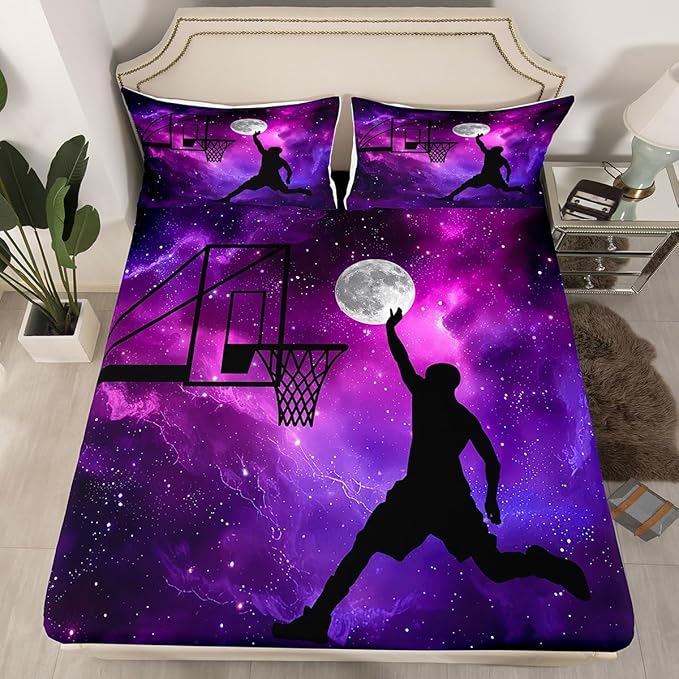 Galaxy Sheet Sets Boys Girls Basketball Flat Sheet Blue and Purple Starry Sky Bedding Universe Moon Print Sports Theme Basketball Bed Sheet, 1 Flat Sheet + 1 Fitted Sheet + 2 Pillowcases, Queen Size