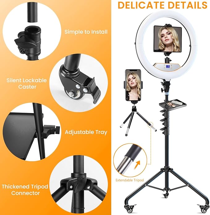 18" Large Ring Light with Stand, Upgraded Foldable LED Big Ringlight with 75" Tripod & Wheel Tray for Live Tattoo Makeup Video Recording Barber Photography