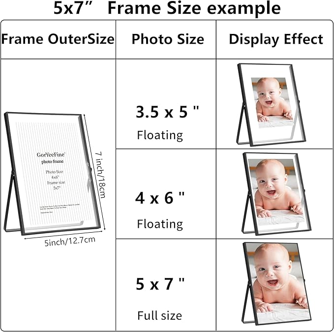 Black 5x7'' Floating Picture Frame Set of 2,For Photo Sizes (3.5 x5'',4x 6''), Beautiful Metal Beaded Edge Frames Adjustable Tabletop/Shelf Photo Frame,Classy Gift Choice for Wedding