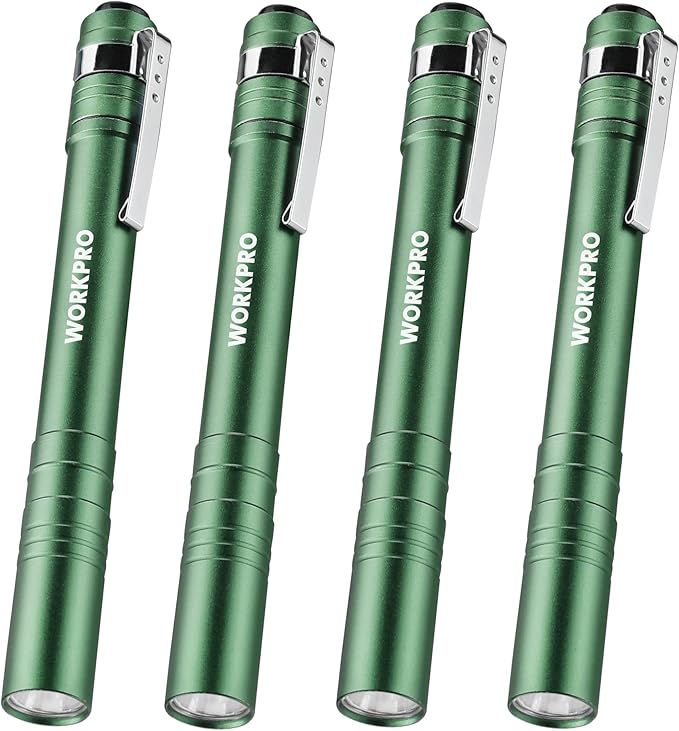 WORKPRO LED Pen Light, Aluminum Pen Flashlights, Pocket Flashlight with Clip for Inspection, Emergency, Everyday, 2AAA Batteries Include, Green(4-Pack)
