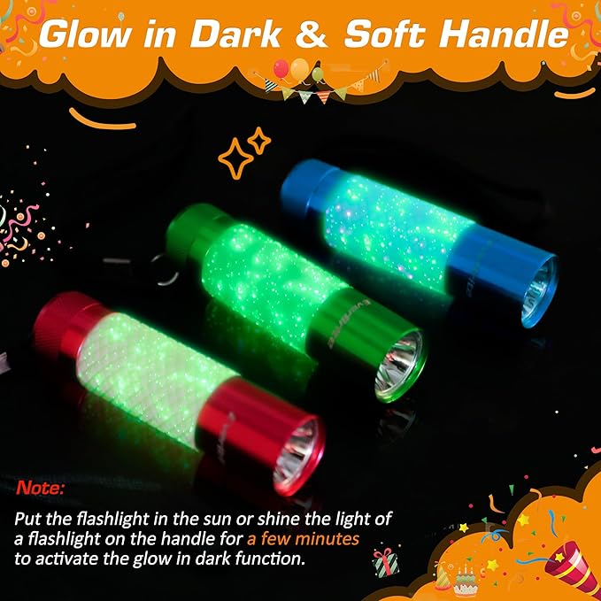 EverBrite 3-Pack Mini Flashlights, Glow in Dark Flashlights, Aluminum LED Flashlights Outdoor Favors Assorted Colors for Camping, Hiking, Indoor, 9XAAA Batteries Included