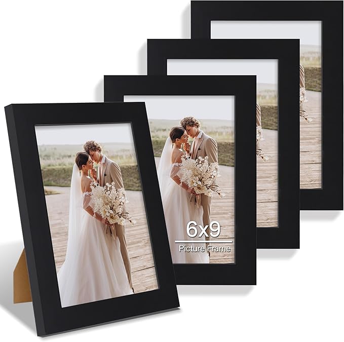 6x9 Picture Frame Set of 4, Made of Real Glass and Black Wooden Frame - 6 by 9 Photo for Wall or Tabletop Display