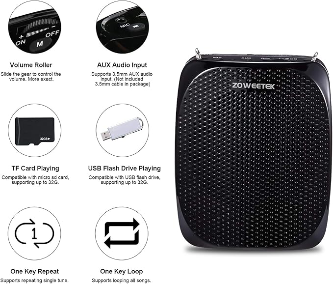 ZOWEETEK ZW-Z258 Portable Rechargeable Mini Voice Amplifier for Teachers with Wired Microphone Headset and Waistband,Supports MP3 Format Audio for Speech, Class, Training,Tour Guide,Power Amplifiers