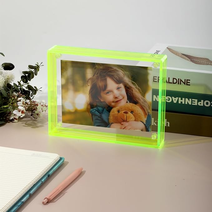 Gelite Acrylic 5X7 Picture Frame to Display 5x7 4x6 Pictures Mat-free Neon Floating Photo Frame for Wall and Tabletop, Neon Green