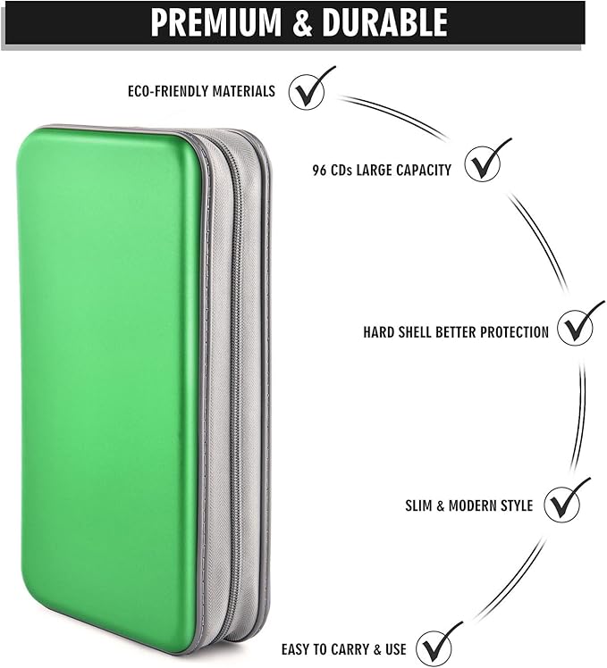 DVD Case, Bivisen CD Case Holder Wallet Binder 96 Capacity CD/DVD Cases Storage Holder Binder Organizer Wallet Book for Car Home Travel (Green)