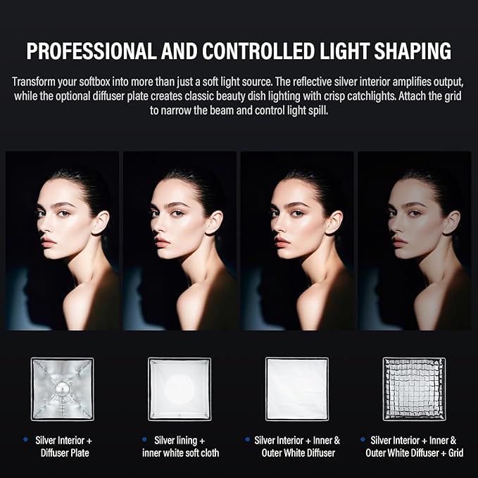 Godox Square Softbox, 90cm*90cm /35.4in*35.4in with Grid Diffuser Fast-Setup Bowens Mount Softbox Compact Photography softbox for Photography Shooting Continuous Light Monolight Strobe Flash