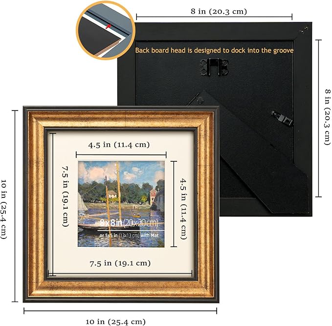 8x8 Real Wood Antique Gold with Dark Brown Trim Picture Frame - Easel Stand, Sawtooth Hanger Tabletop and Wall Hanging Display, Glass Cover, Matted for 5x5 Photos, Frinearts