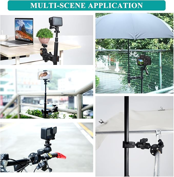 Super Double Clamp Camera Mount Chair Umbrella Clamp, with 360° Magic Arm Double Ball Head Adapter for Umbrella, Pole, Strollers, Motorcycle, Photo Studio Light Stand, Photo Boom Stand