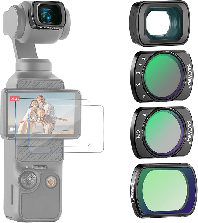 NEEWER Filter Set (3 Pack) with 0.75X Wide Angle Lens 108° FOV, Variable ND 2-32 CPL 1/4 Black Mist Diffusion Filter Compatible with DJI Osmo Pocket 3 Creator Combo Accessories, FL-B09