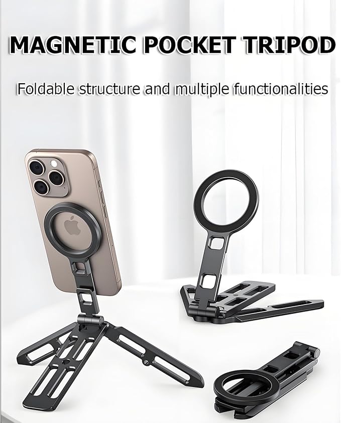 Magnetic Phone Tripod for iPhone 16/15/14/13/12 Plus Pro Max Series,Aluminium Mini Magsafes Tripod for iPhone & Magsafes,Double-Sided Design,1/4" Screw,Cold Shoe Interface,Arca Swiss Base