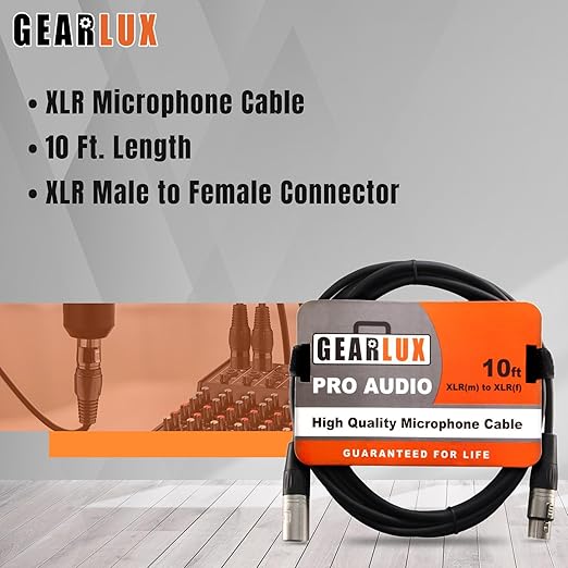 Gearlux XLR Microphone Cable, Fully Balanced, Male to Female, 10 Feet - 2 Pack
