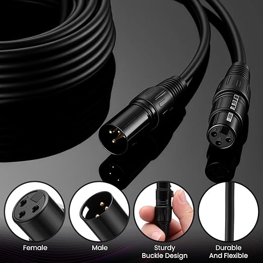 12 Pcs 25 Feet XLR Cable, 3-Pin XLR Male to Female Premium Balanced Microphone Cable, Stage Grade All Copper Conductors for Studio DJ Podcast Mixers Mics PA Systems, Black