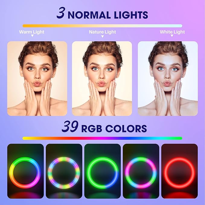 TODI 12" RGB Ring Light with 63" Tripod Stand, 3 CCT Mode and 39 Color Mode Selfie RingLight with Stand, 2-in-1 LED Ring Light with Selfie Remote, for Makeup, Live Stream