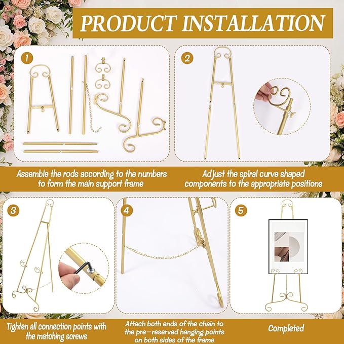 Gold Easel Stand for Sign, Round Tube Scroll Display Easel, Vintage Metal Floor Stand, Adjustable Chain Easel for Wedding Sign, Artwork, Pictures & Commercial Use
