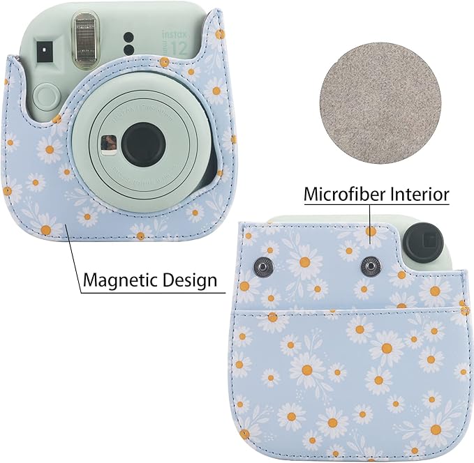 Frankmate Protective Case Fit for Fujifilm Instax Mini 12 11 9 8 Camera, PU Leather Camera Bag with Pocket and Adjustable Shoulder Strap (Blue Daisy)