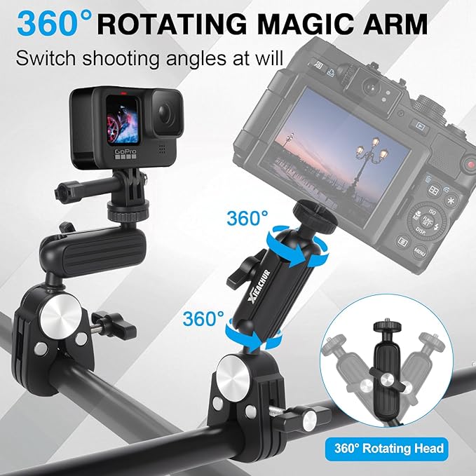 Super Clamp Camera Mount Double Ball Head Magic Arm with 1/4 Inch Threads Universal Mount for Monitor Light Action Camera Compatible with DSLR Tripod Desk Fence