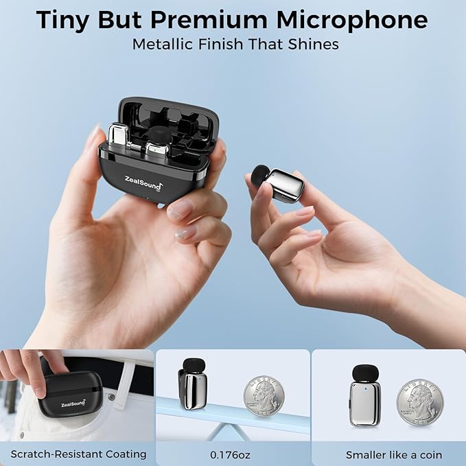 ZealSound Mini Microphone, Wireless Lavalier Mic for iPhone/iPad/Android, USB-C/Lightning, Noise Reduction, 33H Battery with Charging Case for Content Creators, TikTok & YouTube Videos - Chrome Silver