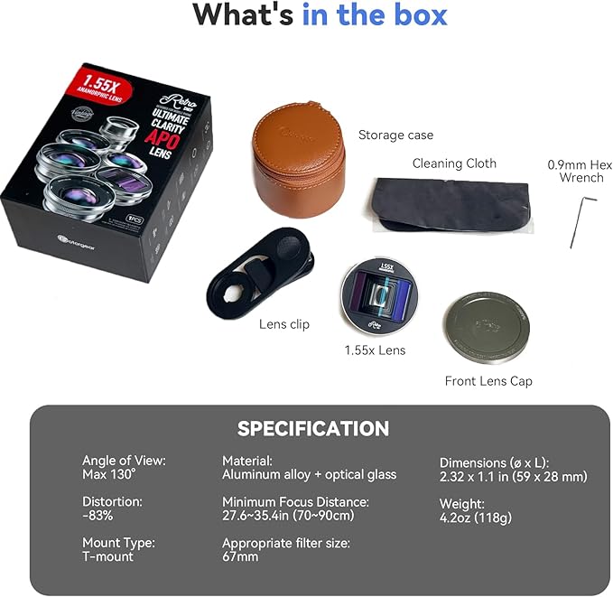 1.55x Anamorphic Lens Compatible with T Mount iPhone & Samsung - Cinematic Smartphone Lens with Ultra-Wide View, with APP Image Correction, Sci-Fi Blue Flare, and Enhanced Video Quality