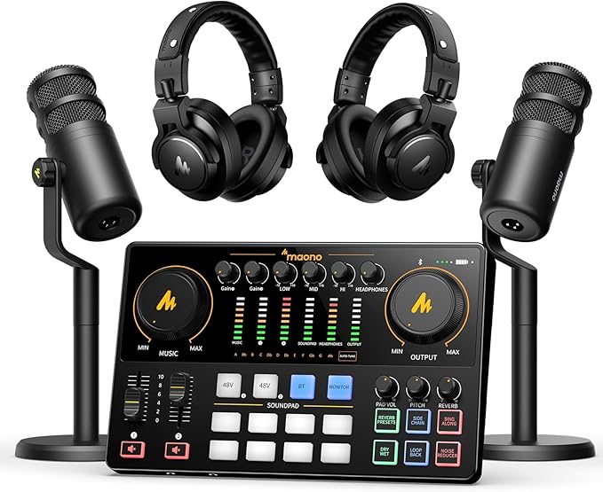 MAONO Podcast Equipment Bundle for 2: Audio Interface Mixer with 2 XLR Dynamic Mic and 2 Headphone Podcast Streaming MaonoCaster E2 Gen2+2*PD100+2*MH700