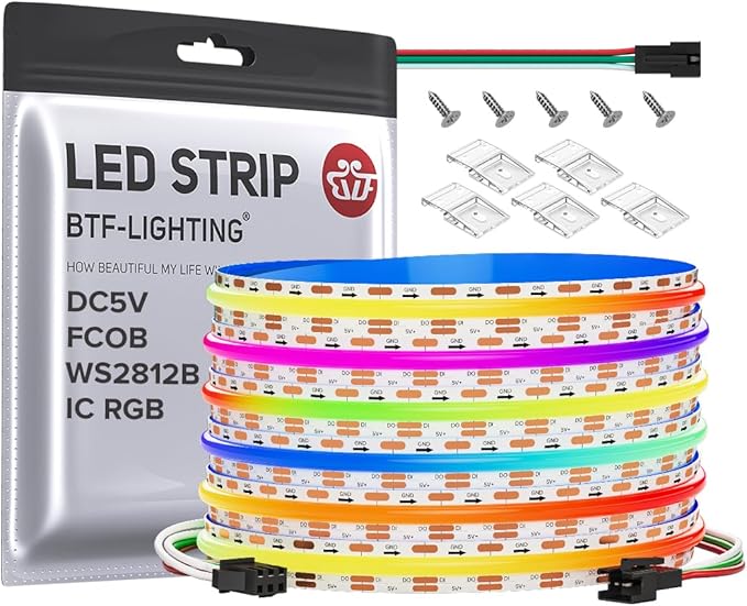 BTF-LIGHTING FCOB COB WS2812B IC RGB LED Strip DC5V 16.4FT Individual Addressable 160Pixel/m 800LEDs 800IC Dream Color IP30 Non-Waterproof High Density Light 0.39in Width(No Adapter or Controller)